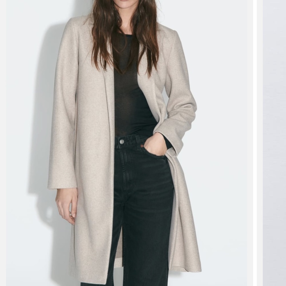 Zara Robe Style Belted Wrap Coat Oatmeal Beige Long Fall Coat Women's Size L